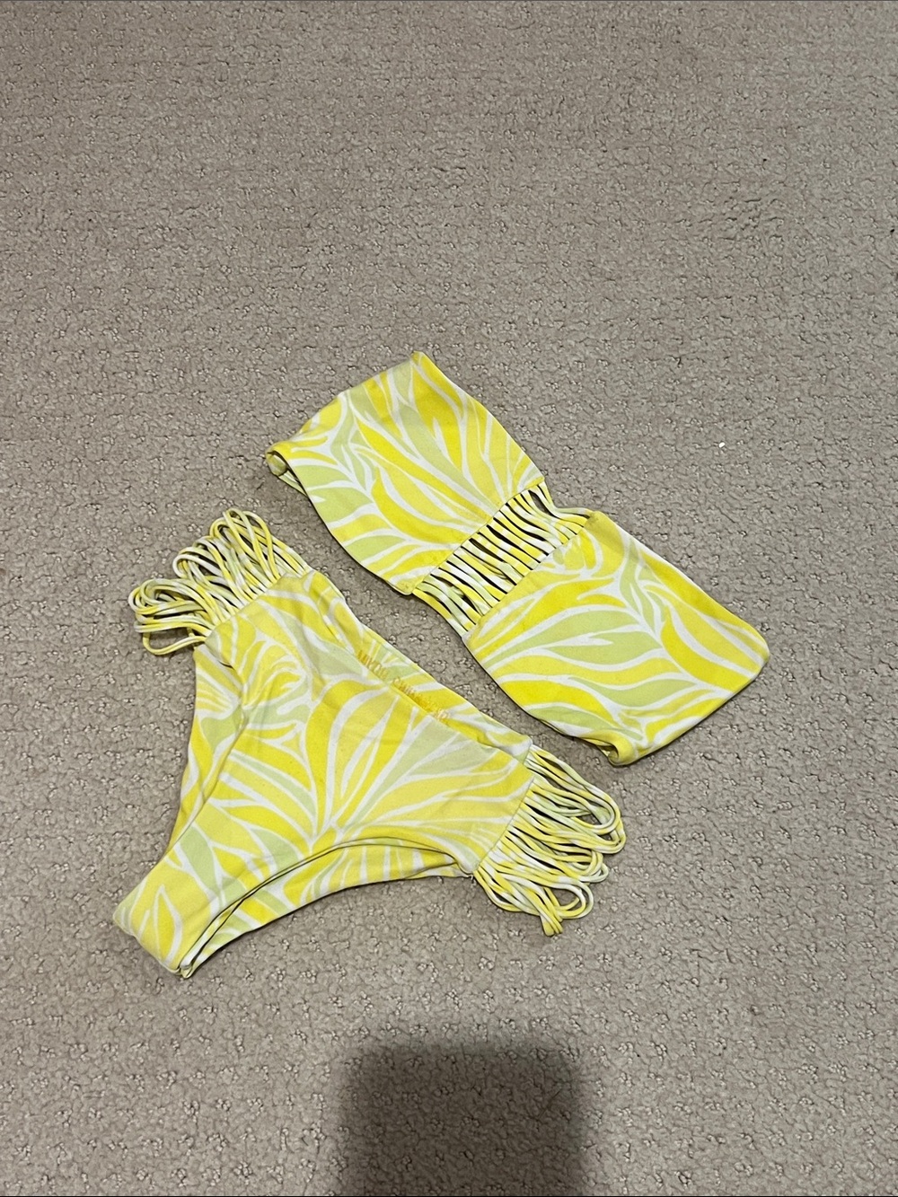 Mikoh Yellow White Swirl Bandeau Bikini with Fringe Sides